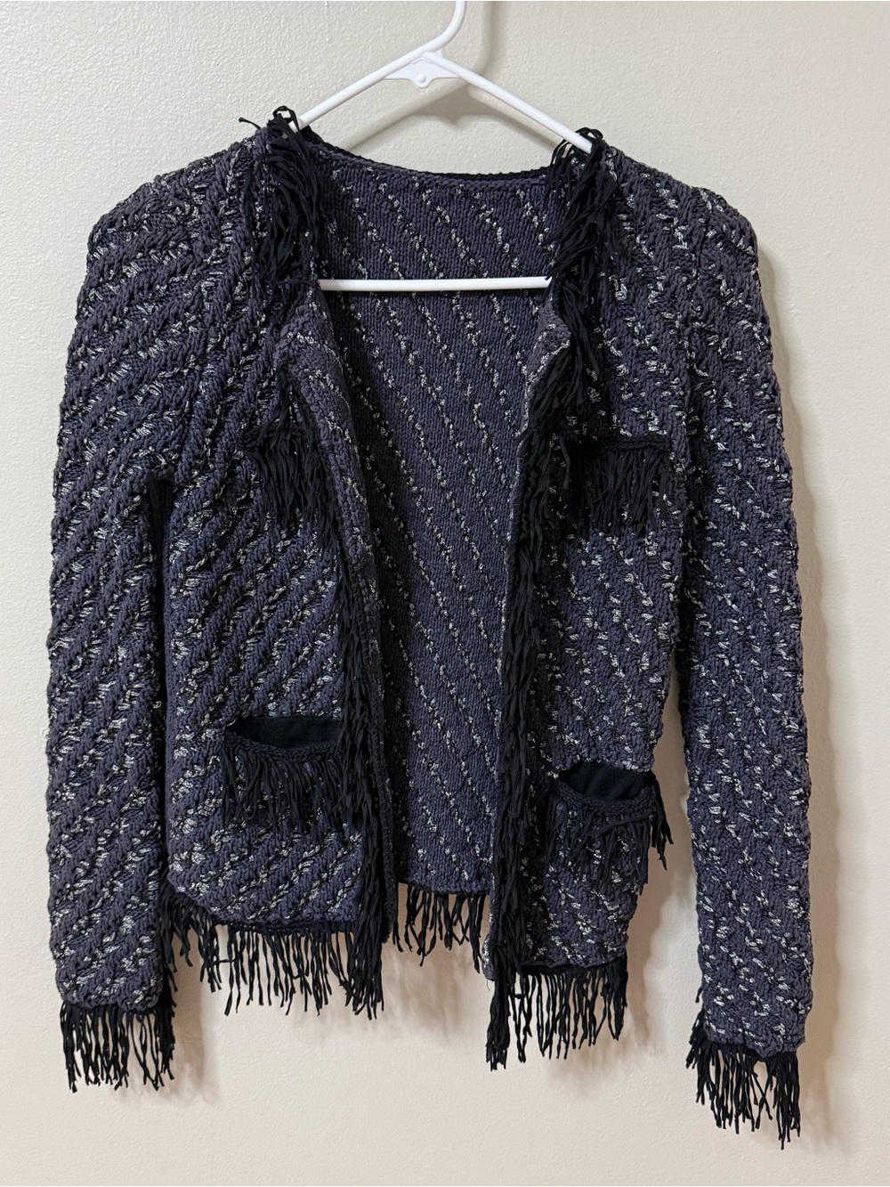 MAJE Knitted Cardigan Open Front Fringe Trim Sweater Small Blue Black Silver